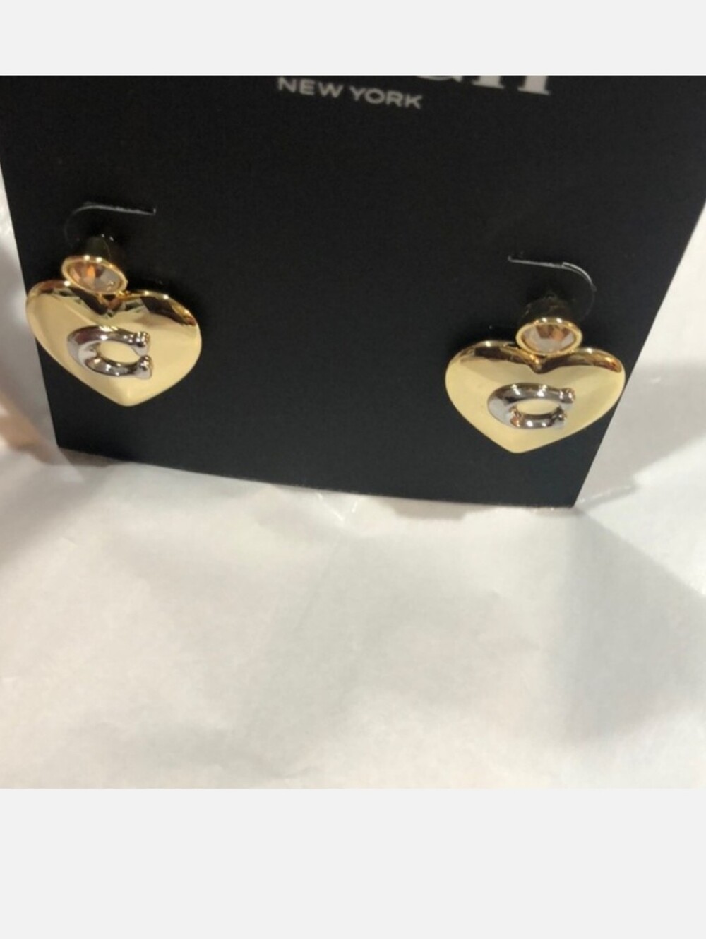 Coach gold plated puffy heart shape citrine gemstone look dangling stud earrings - Picture 2 of 14